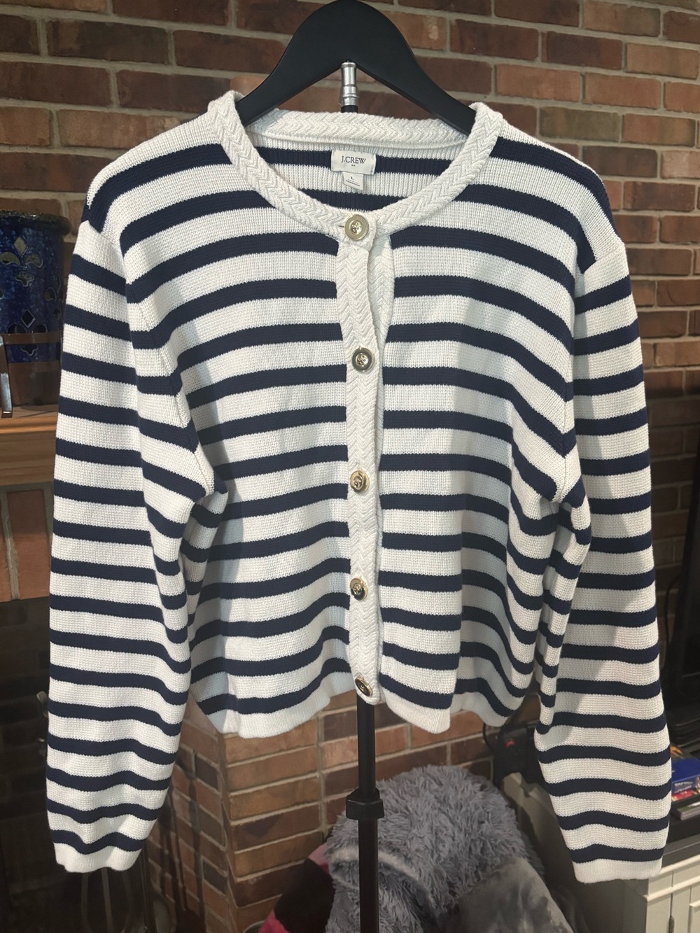 J.Crew Navy Striped Button Up Knit Cardigan Sweater Women’s Large 100% Cotton
